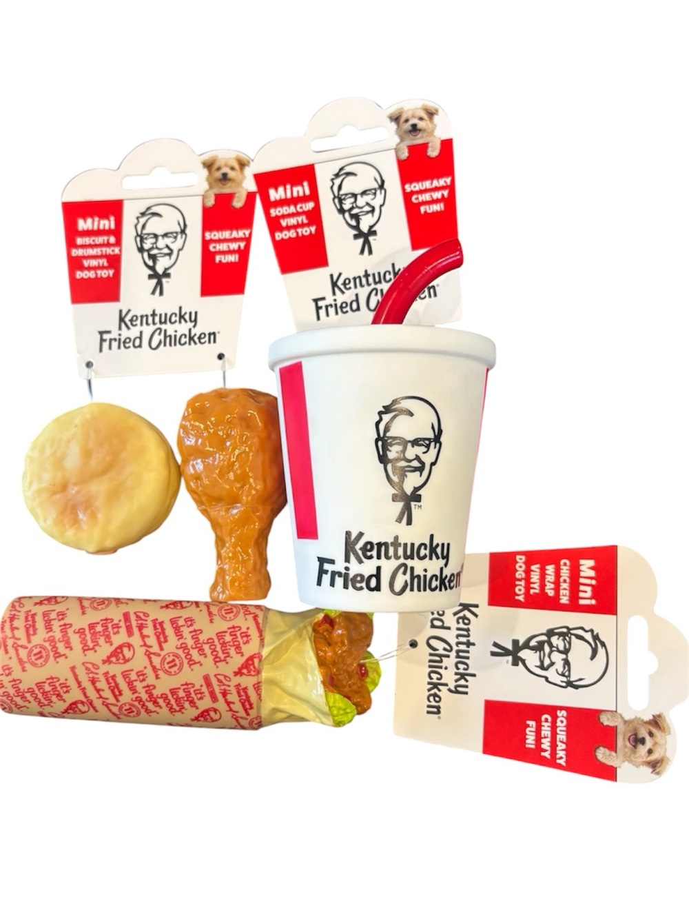KFC Squeaker Dog Toy Food Set with Biscuit, Drumstick, Chicken Wrap, & Drink.NEW
